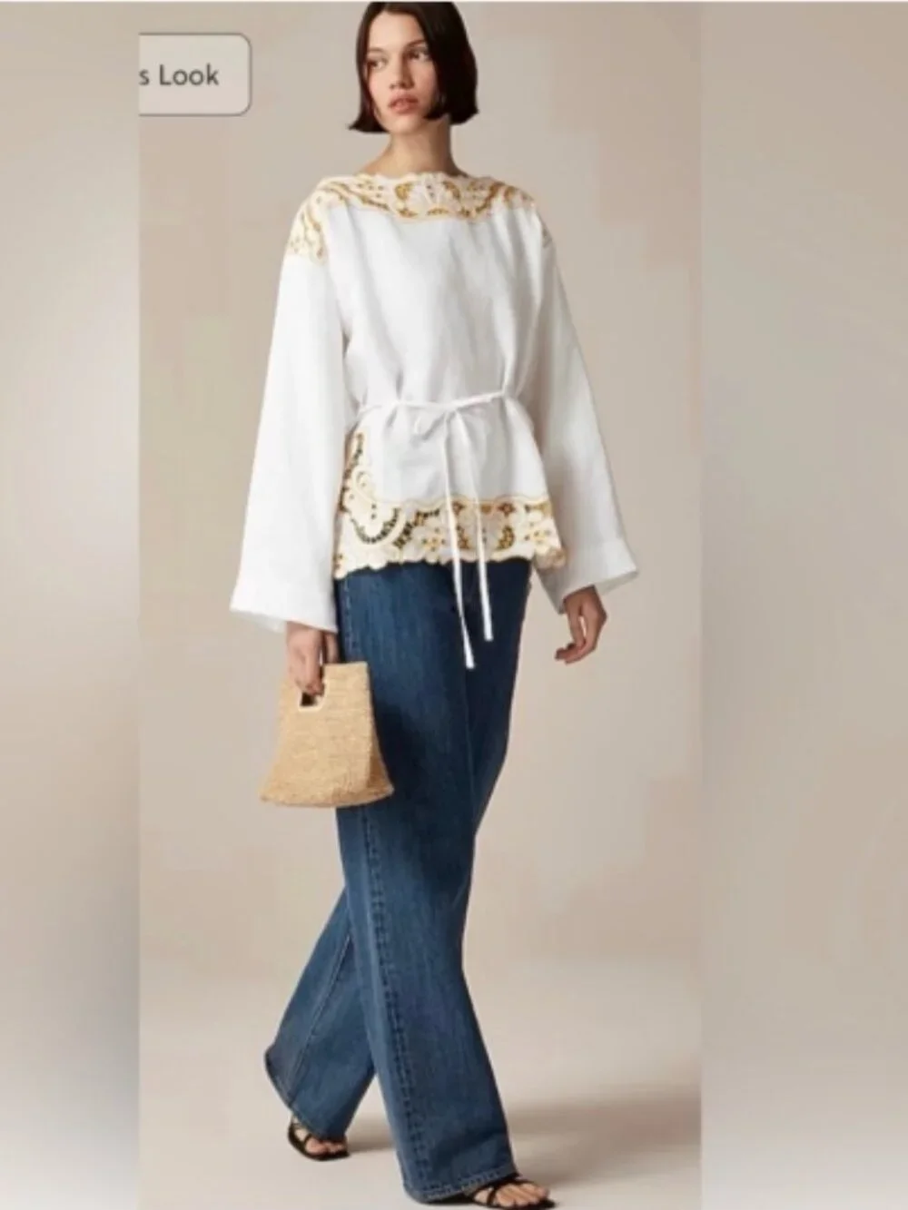 J. CREW Cutwork Tunic/Top/Blouse/Shirt Linen White Yellow‎ Embroidered Small